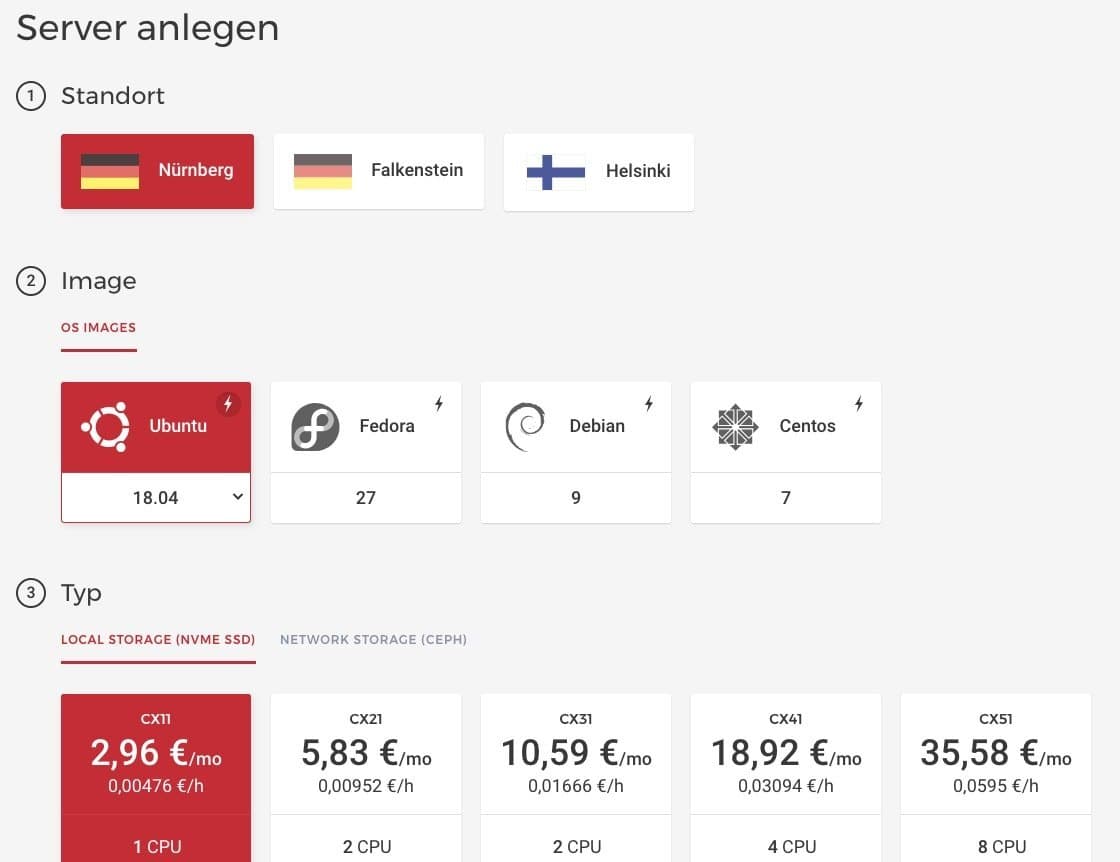 Hetzner UI: Server anlegen
